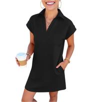 Women’s Short Sleeve Polo Collar Shirt Dress Casual Loose Fit Mini Dress with Side Pockets and Front Half Zip Design XXL juoda