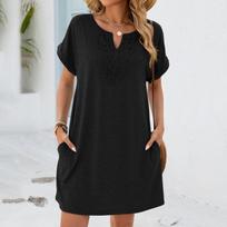 Women Casual V Neck Short Sleeve Dress with Lace Trim Raglan Sleeves and Pockets Loose Fit Tunic Dress for Daily Wear XL tamsiai mėlyna