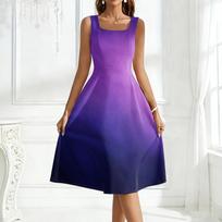 Sleeveless Square Neck Gradient Print Midi Dress for Women Casual A Line Summer Sundress Soft Fabric Flowy Skirt M