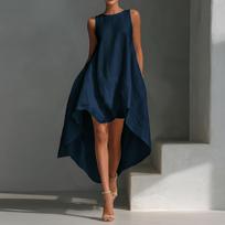 Women Sleeveless Asymmetrical High Low Hem Dress Cotton Linen Loose Fit Irregular Front Short Back Long Casual Sundress S