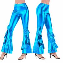 Women Shiny Flare Trousers Metallic Bell Bottoms Ruffle Wide Leg Pants Retro Disco Costume Stage Prom Club Trouser S
