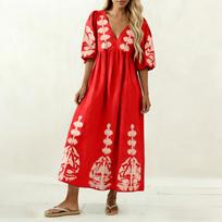 Women’s V Neck Loose Fit Maxi Dress with Puff Sleeves and Floral Print Casual Bohemian Style Summer Long Dress for Vacation Wear S raudona