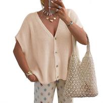 Women’s Loose Knit Button Down V Neck Short Sleeve Cardigan Top Lightweight Soft Casual Pullover Sweater for Daily Wear L smėlis