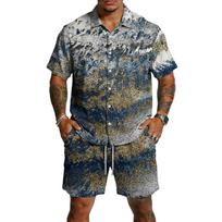 Men's Casual Short Sleeve Button Down Shirt and Drawstring Shorts Set Lightweight Breathable Fabric Textured Print Summer Outfit XL mėlyna