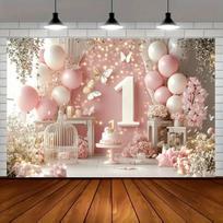 An elegant pink butterfly party background - a romantic 1st anniversary with themes of balloons, flowers and butterflies 100x150cm white