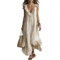 Women Sleeveless V Neck Ruffle Hem Loose Fit Cotton Linen Maxi Dress Casual Flared Style Summer Comfortable Lightweight L smėlis