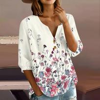 Women's Floral Print Henley Button Neck Shirt 3/4 Sleeve Lightweight Cotton Linen Blouse Casual Loose Fit Top for Everyday Wear M raudona