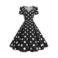 Vintage Polka Dot Short Sleeve Swing Dress A Line Retro Fit and Flare Crew Neck Women’s Classic Midi Dress S juoda