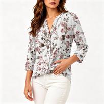 Women's Vintage Floral Print Henley Button Neck Shirt Three Quarter Sleeve Linen Cotton Blend Casual Blouse S