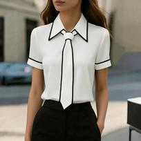 Women’s Short Sleeve Turn Down Collar Shirt with Attached Tie Office Casual Loose Fit Blouse for Summer Workwear Daily Outfits M balta