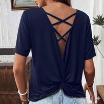 Women Casual Round Neck Short Sleeve T Shirt Twist Back Crossbody Design Lightweight Soft Fabric Relaxed Fit Summer Top XXL