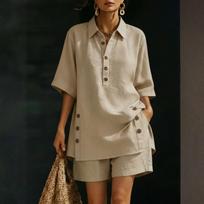 Women Two Piece Set Button Down Short Sleeve Shirt and Shorts Relaxed Fit Casual Linen Outfit for Daily Wear M chaki