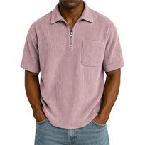 Men's Short Sleeve Half Zip Polo Shirt with Chest Pocket Relaxed Fit Corduroy Texture Casual Top for Everyday Wear L rožinė