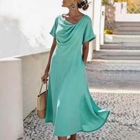 Women’s Short Sleeve Cowl Neck Loose Fit Midi Dress with Pockets Flowy Casual Solid Pattern Lightweight Soft Fabric M mėlyna