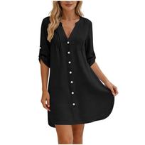 Women V Neck Button Down Dress with Pintuck Long Sleeve Linen Cotton Bohemian Casual Loose Fit Tunic Style M juoda