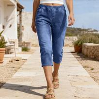 Women's Casual Denim Capri Pants with Pockets Stretch Elastic Waistband Relaxed Fit Mid-Calf Length Lightweight Fabric L mėlyna