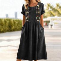 Women Cotton Linen Embroidered Print Round Neck Pocket Short Sleeve Dress Loose Fit Casual Style Comfortable Design L juoda