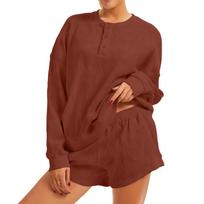 Women's Loose Fit Waffle Knit Loungewear Set Long Sleeve Henley Top with High Waist Shorts Two Piece Casual Outfit for Home Relaxation L ruda