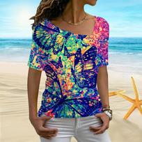 Women's 3D Hazy Butterfly Print Irregular Collar Short Sleeved Undershirt Women's T-shirt XS violetinė