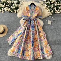 Elegantiškos retro rašto gėlėtos ilgos suknelės moterims vasarai rudeniui atostogoms rūmų stiliaus nacionalinio stiliaus tranšėjinis paltas su diržu V formos iškirpte vakarėliui S geltona