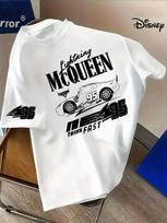 MINISO Lightning McQueen 95 Year Old Adult T-shirt Light Blue Racing with Flash McQueen Text Short Sleeve Couple Print S
