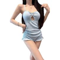 South Korean Ins Pure Sex Girl Gathers To Show Slimming Covering Meat Long-sleeved Sling Straight Angle Swimsuit One-piece Hot Woman M