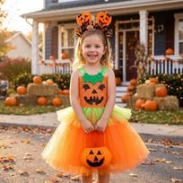 Pumpkin Tutu Dress Halloween Costume for Girls Tulle Skirt Party Dress with Headband and Pumpkin Bag Set for Festival Stage Performance L raudona