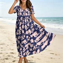 Women’s Casual Loose Fit Bohemian Style Short Sleeve V Neck Printed Maxi Dress for Summer and Spring Outings and Daily Wear XXL