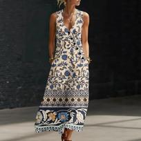 Sleeveless V Neck Floral Print Maxi Dress for Women Casual Bohemian Style Summer Long Sundress with Pockets M smėlis