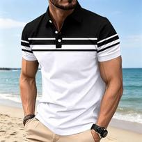 Men Short Sleeve Polo Shirt Classic Fit Button Down Collar Striped Panel Breathable Lightweight Casual Sportswear Top L juoda