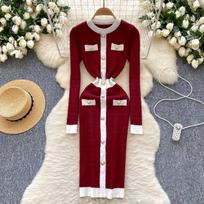 Winter Senior Retro Knitting Dress O Neck Buttons Design France Elegant Skinny Chic Female Autumn Casual Sweater Midi Dress One Size raudona