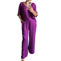 2 Pcs/Set Women Top Pants Suit V Neck Short Sleeves Satin T-shirt Drawstring 3XL violetinė