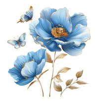 Elegantiškų mėlynų gėlių ir drugelio tualeto bei sienų lipdukų rinkinys Atsparus vandeniui Lipnus Nuimamas lipdukas vonios kambario WC dekoravimui 30x30cm įvairiaspalvis