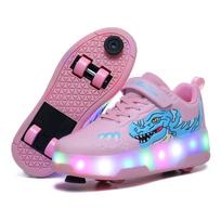 Kids Roller Shoes LED Four Wheels Roller Skates Shoe with Brake Wheels Luminous roller skates Casual Skateboarding Shoes 30 pink