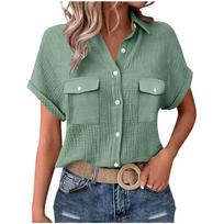 Women’s Summer Short Sleeve Collared Button Down Shirt Casual Relaxed Fit Blouse with Chest Pockets Lightweight Top XL žalia