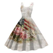 Vintage Sleeveless A Line Dress with Floral and Flag Print Scoop Neck Retro Inspired Midi Length Summer Sundress XL smėlis