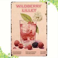 Wildberry Lillet Kokteilis Metalo Ženklas  Vintažinis Gėrimų Dekoras su Avietėmis, Mėtomis, Ledo Kubeliais  Retro Baro Sienų Menas Namams, Virtuvei 20x30cm（7.8x11.8inch） beige
