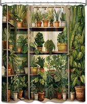 Botaninis Dušo Užuolaida, Senovinis Žalių Augalų Spaudinys, Dirbtinės Gėlės Vazonuose, Vandeniui Atsparus Audinys Vonios Kambario Rinkinys W120xH180cm