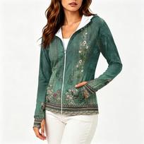 Women Lightweight Zip Up Hoodie with Hood Pockets Long Sleeve Floral Print Sun Protection Jacket Casual Outerwear M žalia