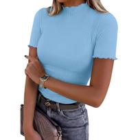 Womens Spring Tops Casual Ribbed Mock Neck Short Sleeve Summer Shirts for Women Soft Stretchy Slim Fit Tee Dressy Tops for Women S mėlyna