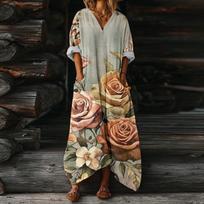 Women Floral V Neck Maxi Dress with Pockets Loose Fit Long Sleeve Casual Printed Kaftan for Everyday Wear M