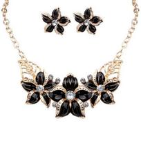 Women Rhinestone Flower Statement Pendant Necklace Earrings Jewelry Set violetinė