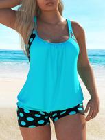 Polka Dot Print Ruched Hollow Out 2 Piece Set Tankini, Stretchy Scoop Neck Tank Top & Boxer Shorts Swimsuits, Women's Swimwear S(4) dangaus mėlyna spalva