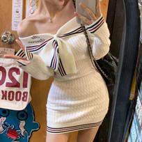 Preppy Style Elegant Bow Slim Dress Women Autumn Winter Sweet Long Sleeved Knitted Dresses Korea Chic Casual Hip Dress 2024 New S balta