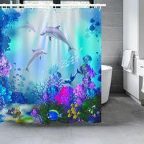 Delfinų dušo užuolaidos Mėlyna povandeninis pasaulis Jūrinės gamtos poliesterio audinys Vaikų vandenyno tematikos vonios kambario dekoro rinkinys su 12 kabliukų 90X180cm