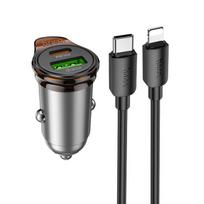 Automobilinis įkroviklis Hoco USB A + USB C QC3.0 PD 3A 43W + kabelis USB C į Lightning NZ16A metalinė pilka