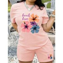 Beach Bum Hibiscus Print Women's Two Piece Set Summer Short Sleeve T-shirt and Shorts Casual S