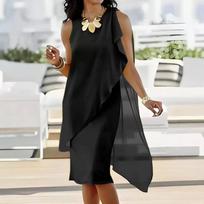 Women Sleeveless Asymmetrical Chiffon Dress Elegant Loose Fit Layered Hem Above Knee Length Summer Dress M juoda