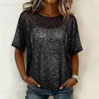 Women’s Loose Fit Sequin Short Sleeve Top Crew Neck Casual Shiny Blouse for Daily and Party Wear Lightweight Material M juoda