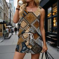 Women's Summer Casual Two Piece Set Sleeveless Tank Top with Square Neck and Floral Print High Waist Shorts with Pockets XXXL žalia